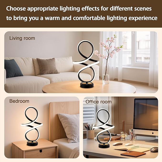 Mayful Modern Spiral Table Lamp, Bedside Lamp with USB C & A Ports, Touch Control Dimmable with 3 Color Temperatures,Unique LED Lamp for Nightstand Bedroom Office Living Room, Black