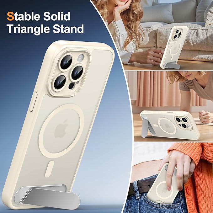 Magnetic Compatible with iPhone 15 Pro Max Case, [Built-in Kickstand][Full Camera Protection][Compatible with MagSafe][Anti-Fingerprint] Shockproof Phone Case for iPhone 15 Pro Max 6.7",Beige