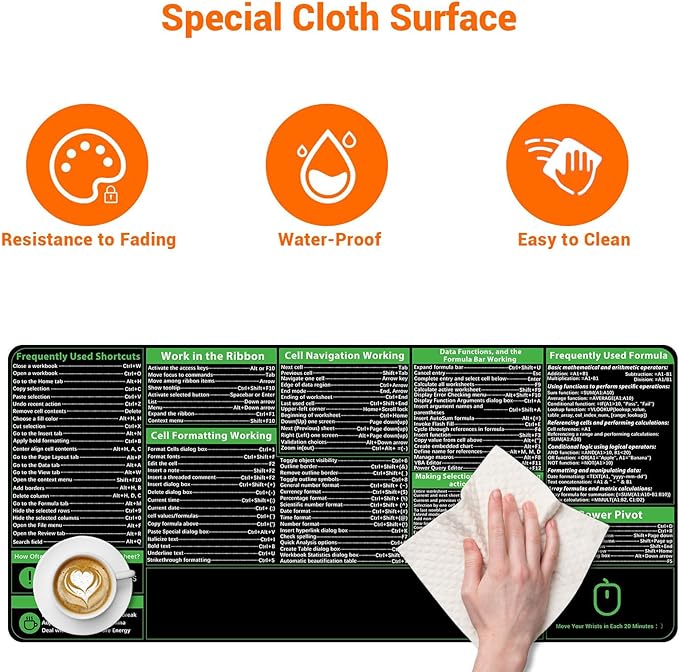 ProbTis Excel Cheat Sheet Desk Pad, Upgraded Pro Version, Excel Shortcuts Mousepad Stitched Edges, Non-Slip Base Keyboard Mats, XXL Giant Mouse Pads for Desk, 35.4”x15.7”, Back to School