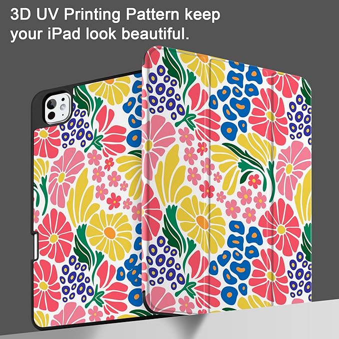 MEEgoodo Case for M5 iPad Pro 11 inch 2025/M4 iPad Pro 11 inch Case 2024, Tablet Cover with Trifold Stand & Pencil Holder & Auto Wake/Sleep & Soft TPU Back Cover, Groovy Flower