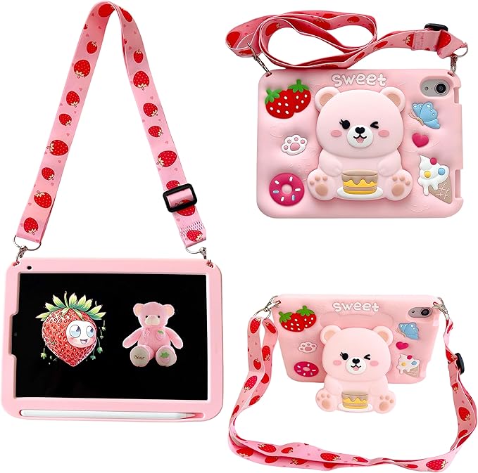 for iPad mini 6/7 Case for Girls- 8.3 inch iPad mini 7th Generation A17 pro Soft Silicone Cover with Pencil Holder,Shoulder Strap & Stand for School,Cute Bear Strawberry Gift for Teen Kids