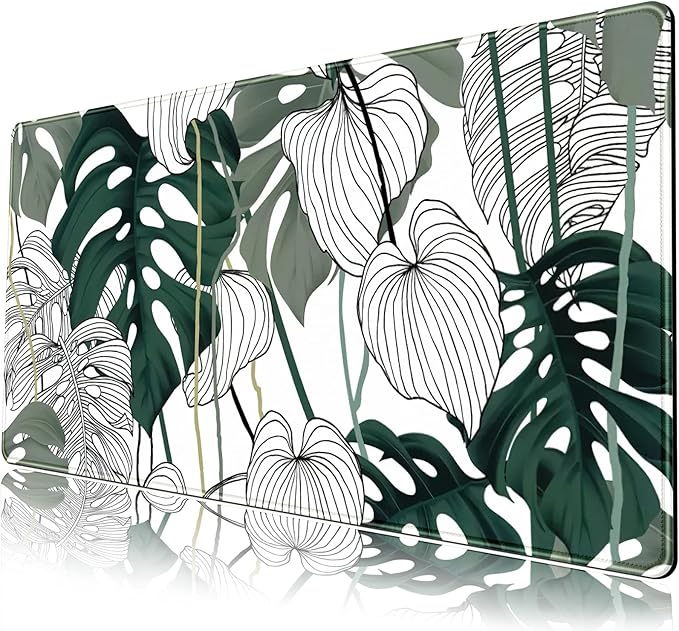 Desk Mat Green Plant Leaf Large Mouse Pad Desk Pad Tropical Boho Desk Accessories for Women Office Decor Laptop Keyboard Mouse Mat XXL Mousepad 31.5''X15.7'' Non-Slip Rubber Base with Stitched Edges