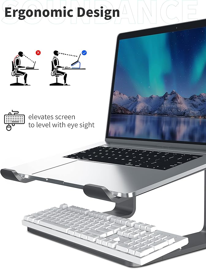 SOUNDANCE Laptop Stand, Aluminum Computer Riser, Ergonomic Laptops Elevator for Desk, Metal Holder Compatible with 10 to 15.6 Inches Notebook Computer, Black