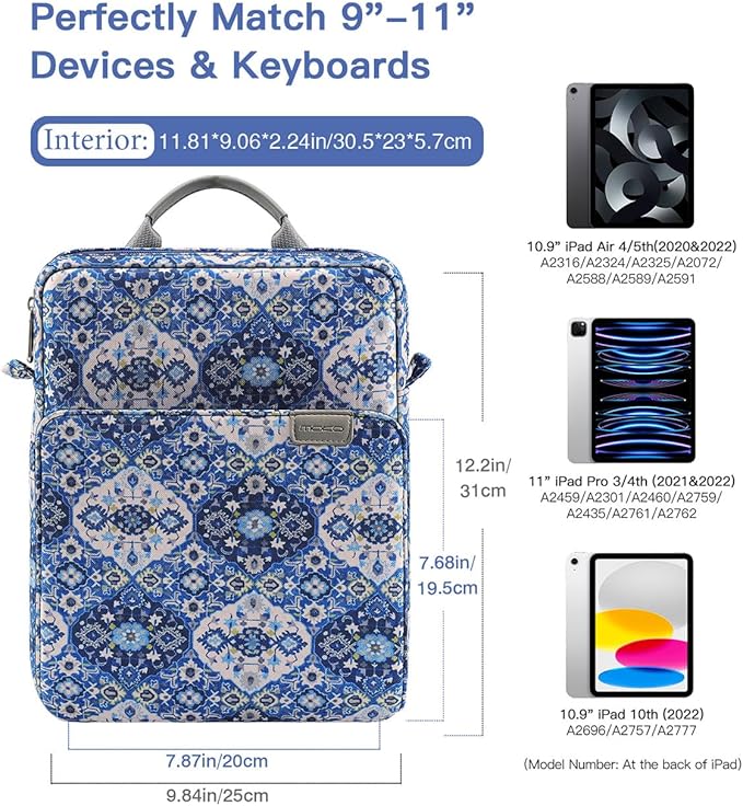 MoKo 9-11 Inch Tablet Sleeve Bag Handle Carrying Case with Shoulder Strap Fits iPad Pro/Air/A16 11 inch,iPad 10th 10.9,i-Pad 9/8/7th 10.2,iPadAir 5/4th 10.9,i-Pad 9.7,Tab S8/S9 11", Blue Bohemia