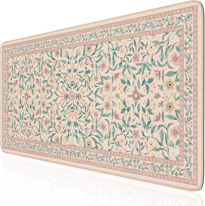 iLeadon Desk Mat for Keyboard and Mouse, Cute Mouse Pads for Computer, Non-Slip Floral Gaming Mousepad 35.4x15.7 Inch, Pink Desk Mat with Stitched Edges for Home Office (Pink)