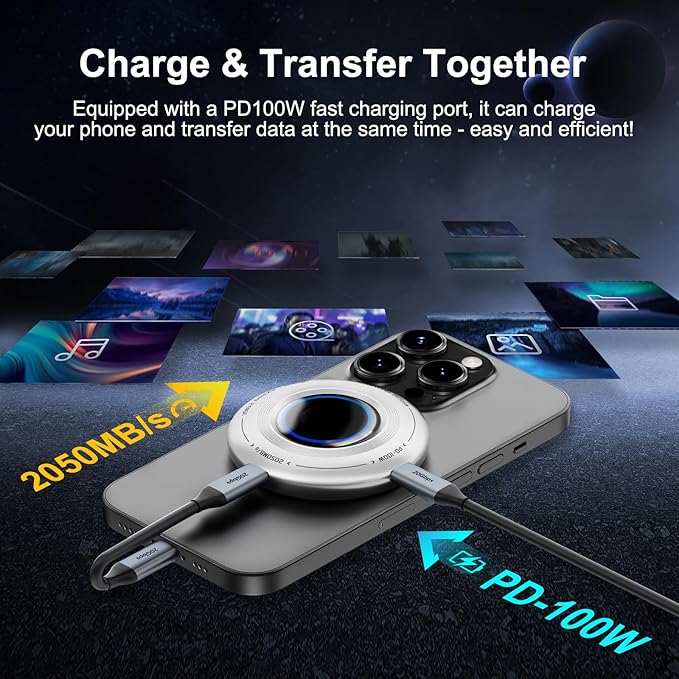 FP108 1TB Magnetic Portable SSD, External Solid State Drives with PD-100W and 2050MB/s USB-C 3.2 Gen 2x2, Play While Charging, Compatible with iPhone 16/15 Pro Max, Android, PC, Mac, Switch Lite