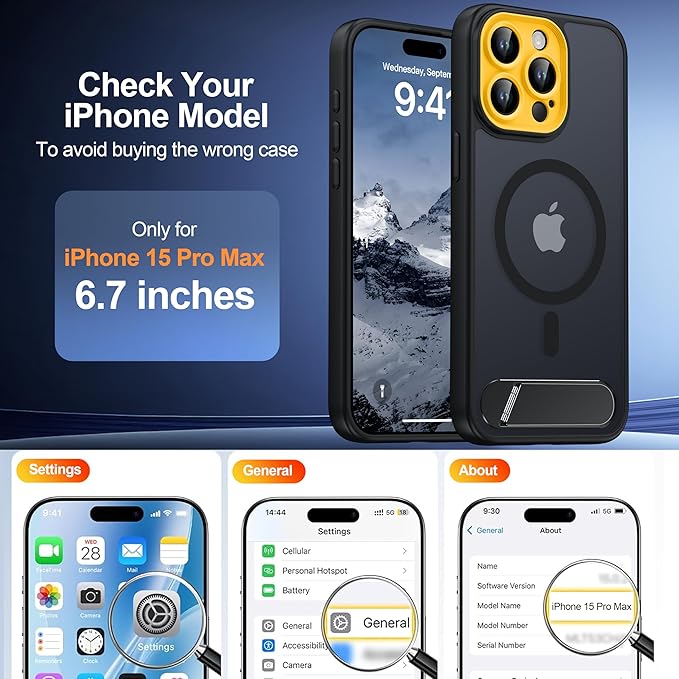 Magnetic Compatible with iPhone 15 Pro Max Case, [Built-in Kickstand][Full Camera Protection][Compatible with MagSafe][Anti-Fingerprint] Shockproof Phone Case for iPhone 15 Pro Max 6.7",Black & Yellow