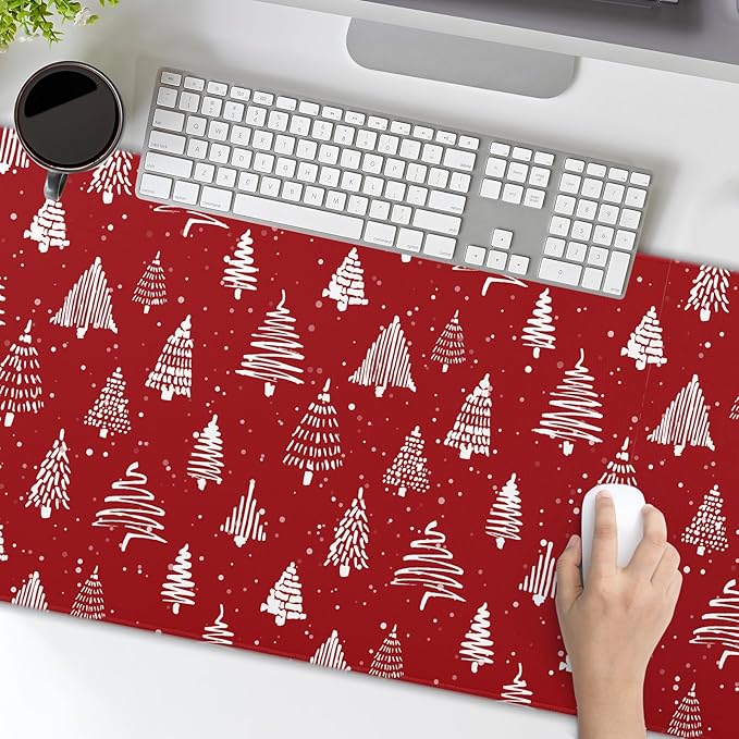 Red Christmas Mouse Pad Christmas Tree Xmas Holiday Winter Extended Desk Mat 80X30 cm Non-Slip Rubber Base Stitched Edge Large XL Mousepad for Desk Gaming Laptop Desktop,31.5×11.8 Inch