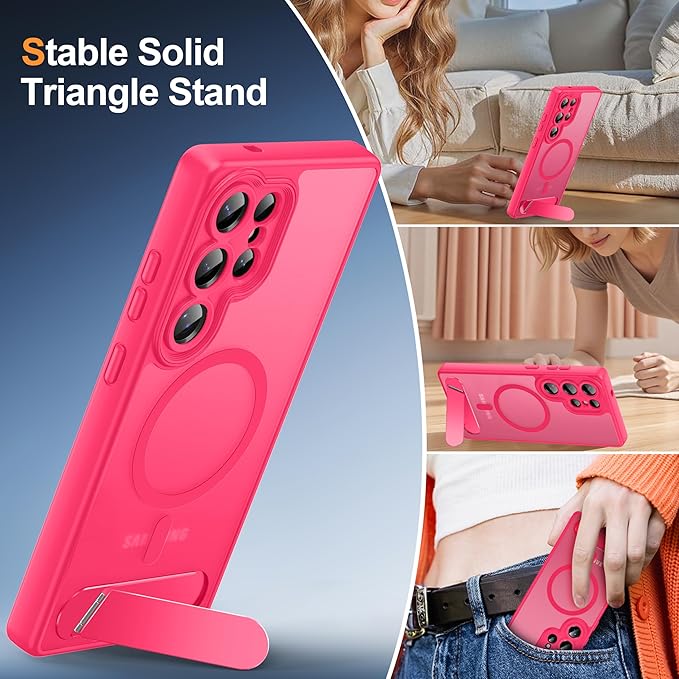 Magnetic for Samsung Galaxy S25 Ultra Case, [Compatible with MagSafe][Full Camera Protection][Built-in Invisible Kickstand] Translucent Matte Phone Case for S25 Ultra 6.9" - Hot Pink