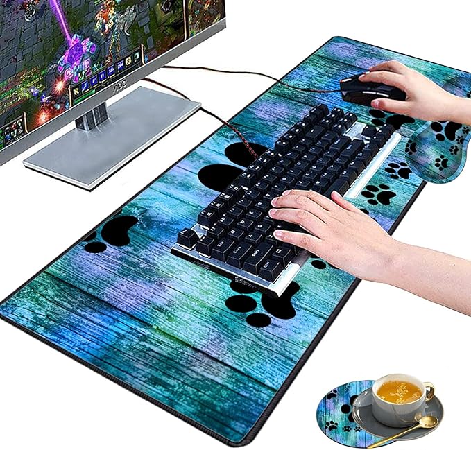 3 Piece Mouse Pad Set with Stitched Edge Large Anti-Slip Mouse Pad Desk Pad Keyboard Pad + Wrist Rest Pad + Coaster, Memory Foam Wrist Rest for Office/Home -Antique Blue Wood Grain Dog Paw