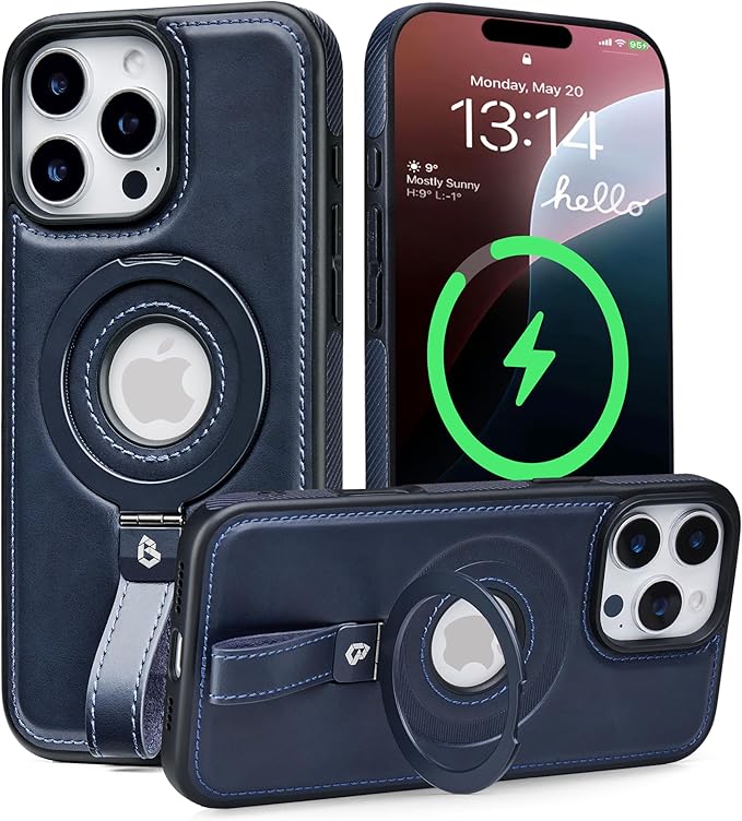 Butaiga for iPhone 13 Pro Leather Case with Stand, Anti-Slip Grip Ring, Fits for MagSafe (Blue, iPhone 13 Pro)