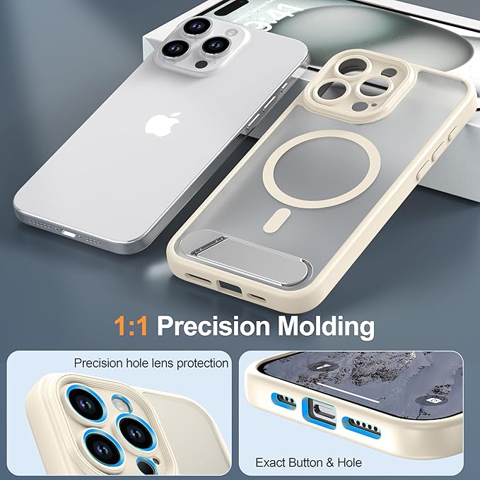 Magnetic Compatible with iPhone 15 Pro Max Case, [Built-in Kickstand][Full Camera Protection][Compatible with MagSafe][Anti-Fingerprint] Shockproof Phone Case for iPhone 15 Pro Max 6.7",Beige