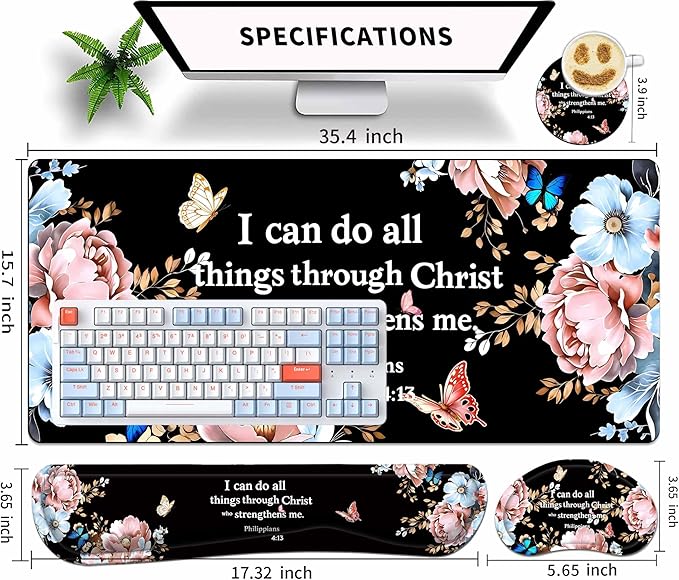 Extended Large Mouse Pad Set 31.5 x 15.7 – Christian Floral All-in-One Desk Set with Keyboard Wrist Rest, Mouse Wrist Rest & Coaster, Ergonomic Desk Accessories for Women, Faith-Inspired Office Gift