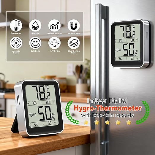 Antonki Room Thermometer Indoor Hygrometer Digital Temperature and Humidity Sensor Meter Humidity Monitor with Max/Min Records - AAA Battery Included