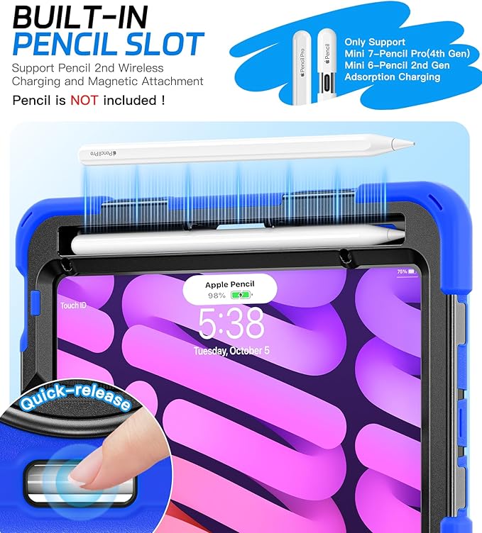 BRAECNstock Case for Apple iPad mini 7 (A17 Pro) 2024/ Mini 6 8.3" with Screen Protector, Pencil Holder, [360 Rotating Hand Strap] &Stand, Shockproof Protective iPad mini 7th/6th Gen Kids Case, Blue