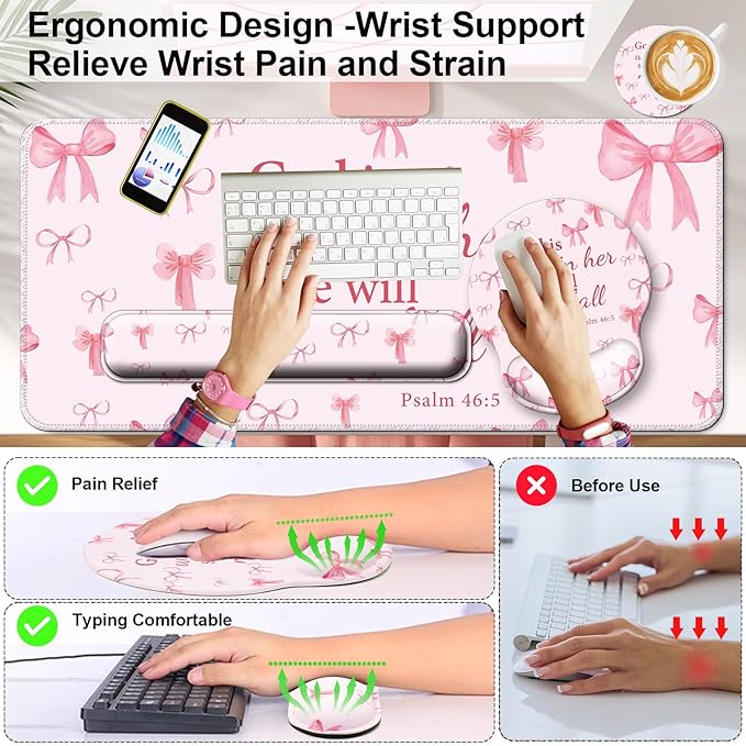 Mouse Pad + Desk Mat + Keyboard Wrist Rest + Coaster 4 in 1 Set, Cute Ergonomic Large Gaming Mousepad with Wrist Rest Support Desk Pad for Computer Laptop Office Home Decor-Pink Bow