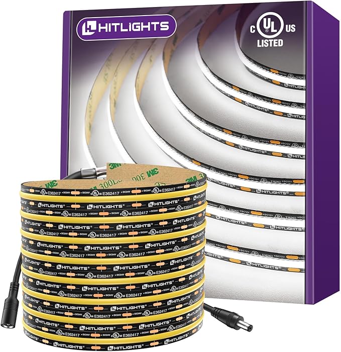 HitLights White LED Strip Lights 5000K, 16.4ft Premium 12V COB Tape Light High Density, 2400 LEDs, 305+ LM/FT, CRI 90+, IP30, Lighting for Kitchen, Cabinets, UL Listed (Power Source Not Included)