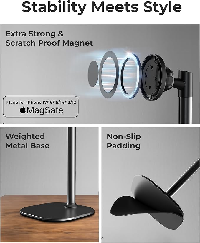COOPER MagStand - iPhone Stand for Desk & Video Recording, Compatible with MagSafe, Stand for iPhone 17 Pro Max Plus, 16/15/14/13/12 (x2 Pack - Night Black)