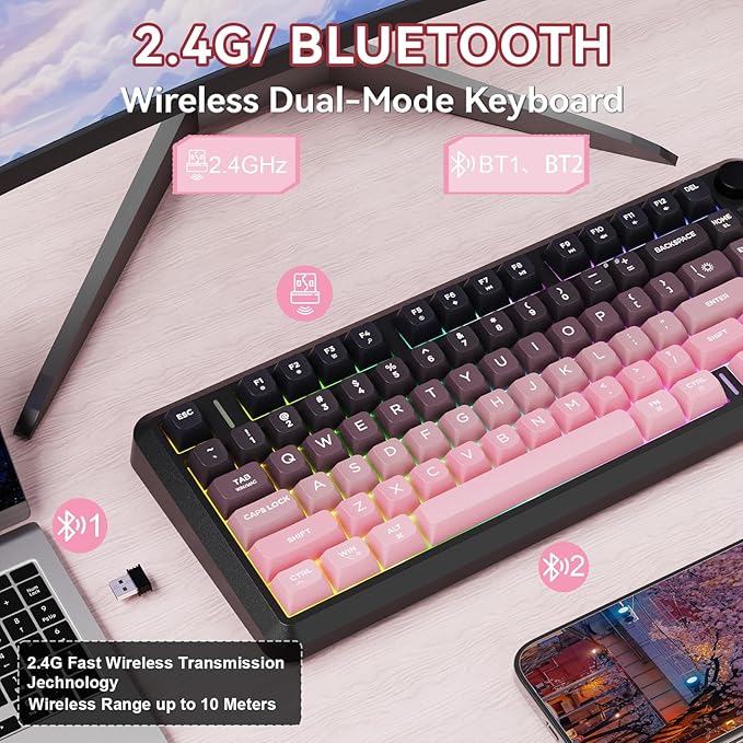 ZIYOU LANG M75 Wireless Gaming Keyboard, RGB Backlit Rechargeable 2000mAh Battery, Small Membrane But Mechanical Feel Keyboard with Smart Display & Knob, PBT Gradient keycaps for PC, MAC-BlackBerry