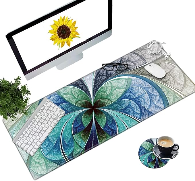 Large Gaming Mouse Pad Office Extended XL Mousepad Non-Slip Soft Keyboard Mouse Mat Home Desktop Writing Pad (31.5"×11.8") with Blue Fractal Flower Design + Cup Coaster and Cute Stickers