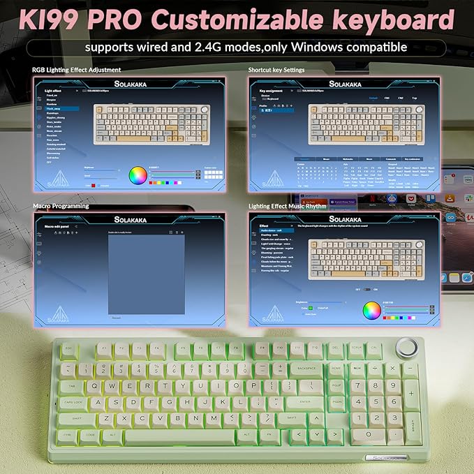 SOLAKAKA KI99 Pro Wireless Mechanical Keyboard Quiet Switch,Hot Swappable Pre-Lubed Switches Silent Keyboard with RGB Backlit,Gasket Structure Computer Gaming Keyboards(GreenWhite, Silent Switch)