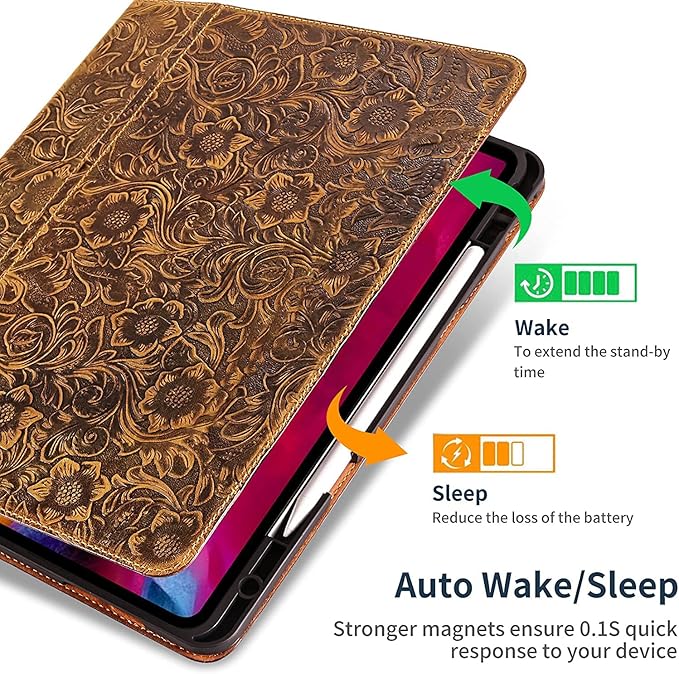 Gexmil Leather Case for iPad Pro 12.9 Inch, 6th/5th/4th/3rd Generation 2022/2021/2020/2018,Genuine Leather Folio Cover Shockproof with Stylus Holder,Auto Sleep/Wake Anti-Slip,Flower Pattern