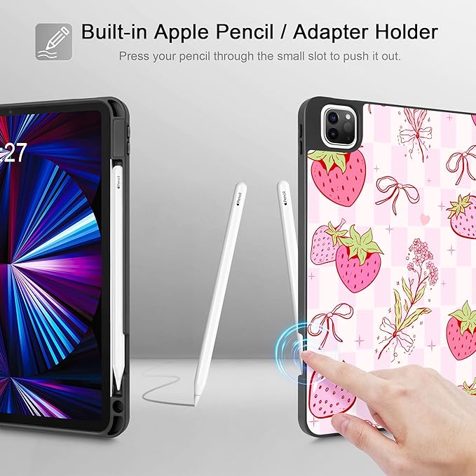 May Chen Case for iPad Pro 11 inch (4th, 3rd, 2nd & 1st Gen) 2022 2021 2020 2018,Trifold Stand with Auto Wake/Sleep Soft TPU Protective Stand Back Cover, Strawberry Bow