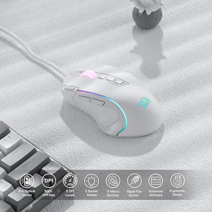 Redragon M612 Predator RGB Gaming Mouse, 8000 DPI Wired Optical Mouse with 11 Programmable Buttons & 5 Backlit Modes, Software Supports DIY Keybinds Rapid Fire Button, White