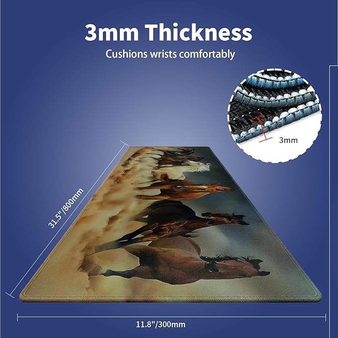 Wknoon. Extra Large Gaming Mouse Pad (31.5" x 11.8") with Durable Stitched Edges – Galloping Horses in The Sand Magnificent Scene, Running Animals Equine Themed Extended XXL Desk Mat