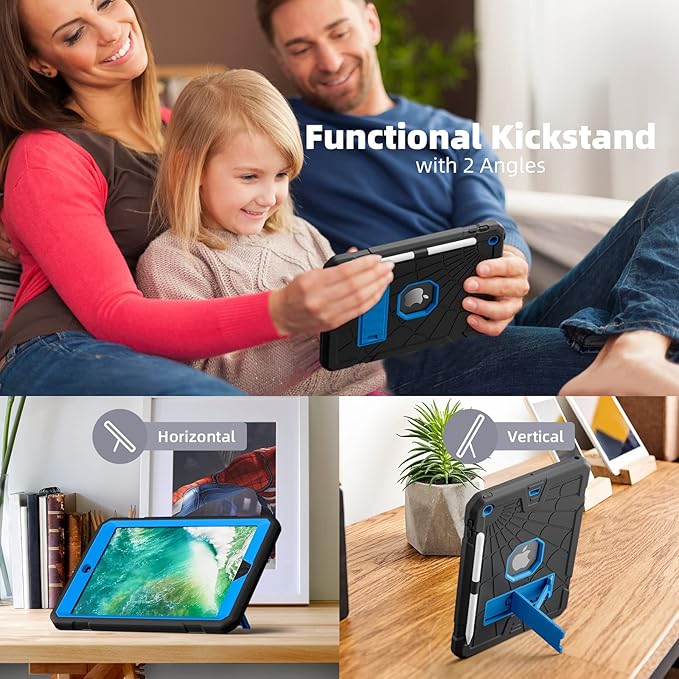 TSQQST iPad 5th Generation Case 9.7 Inch for Kids 2017 | iPad Case 6th Generation 2018 with Glass Screen Protector+Pencil Holder+Stand | Slim Rugged Case for iPad 6th 5th Gen 9.7" | Black Blue