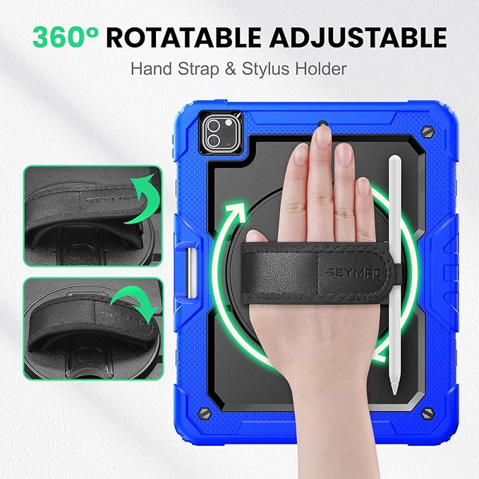 SEYMAC Case for iPad Pro 12.9 2022/2021/ 2020/2018, Heavy Duty Protection Shockproof Case with Screen Protector, 360° Rotating Stand/Handle/Shoulder Strap, Supports Pencil 2 Charging, Blue
