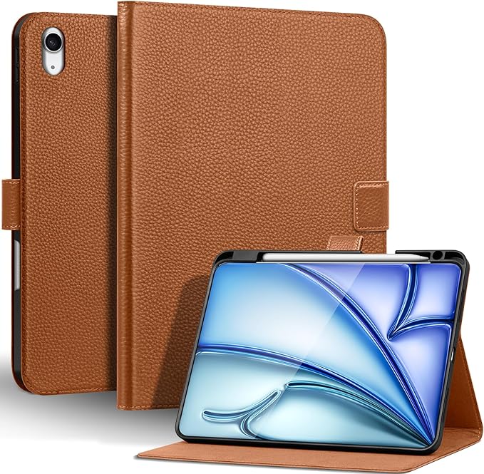 Genuine Leather Case for iPad Air 11" M4 2026/M3 2025/M2 2024, 5th/4th Gen 10.9" | with Pencil Holder and Adjustable Stand, Magnetic Closure, Auto Wake/Sleep Cover | Brown