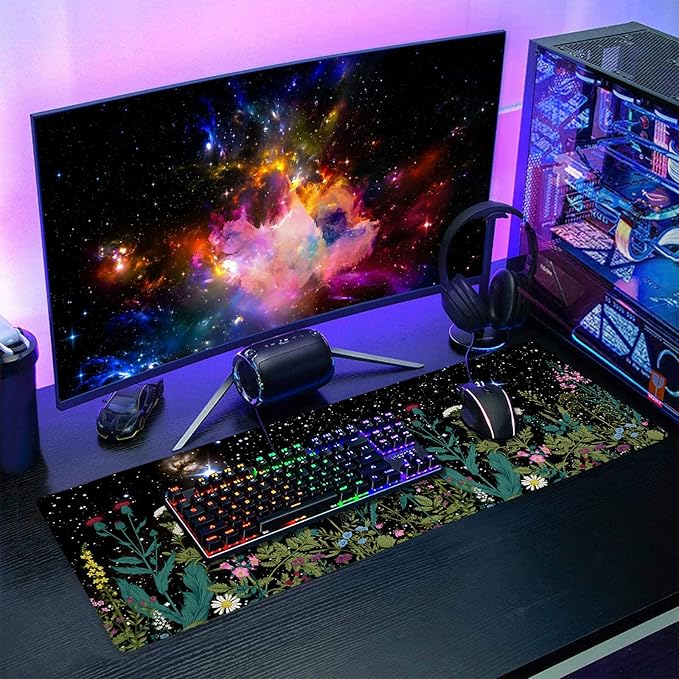 Black Aesthetic Wildflower Large Mouse Pad XL Space Galaxy Weeds Herb Cute Floral Extended Desk Mat Big 80X30 CM Non-Slip Rubber Base Stitched Edge Long Mousepad,31.5×11.8 Inch
