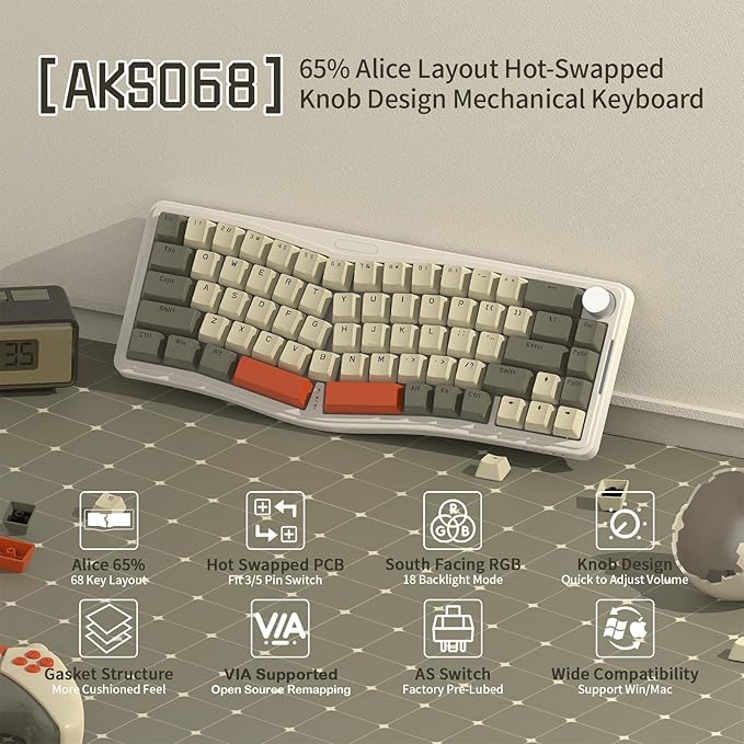 ATTACK SHARK AKS068 Wired Mechanical Gaming Keyboard 65% Alice Layout Hot-swapped Gasket Mount with RGB Backlit VIA Programmable Knob NKRO TKL AS Pre-lubed Linear Red Switch for Win/Mac(Gray)