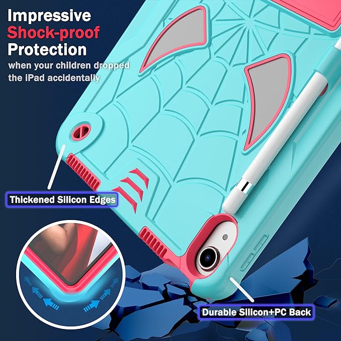 Dteck for iPad Air (3rd Generation) 2019 and iPad Pro (2017 Release) Hard Case 10.5" with Kickstand, Shoulder Strap/Screen Protector Film/Stylus Included, Shockproof Cute Spider Kid's Cover, Mint/Rose