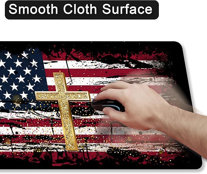 Desk Mat,American Flag Jesus Cross Mouse Pad Large Gaming for Desk,Non-Slip Rubber Base Mousepad,31.5x15.7 Inch for Office Home Work & Game