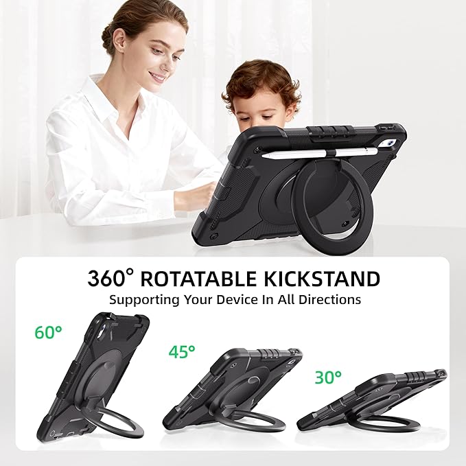 Andnary Case for iPad (A16) 11th Generation 11 inch 2025/10th Generation 10.9 inch 2022, Shockproof Cover with Screen Protector/360° Rotate Handle/Bracket/Pen Holder/Shoulder Strap (Black)