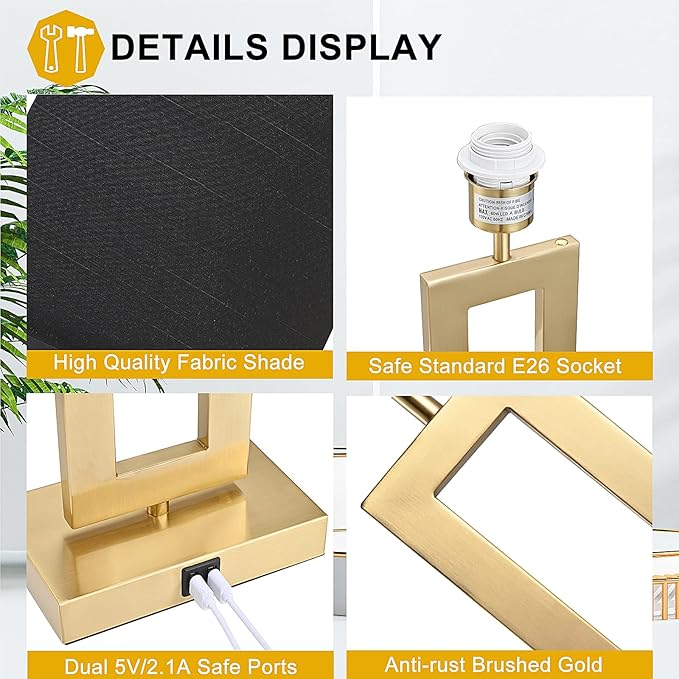 22'' Black&Gold Lamps for Bedrooms Set of 2, Touch Control Table Lamps with USB Ports, 3-Way Dimmable Bedside Nightstand Lamps, Modern Table Lamps for Living Room End Table, LED Bulbs Included