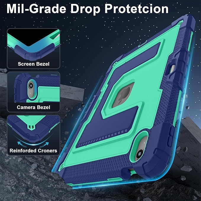 Kids Friendly Case for iPad Air 13 Inch M4 M3 M2 2026/2025/2024 Case with Pencil Holder & Shoulder Strap, Military Grade Shockproof Kickstand Hard Shell Protective Cover,Blue+Mint