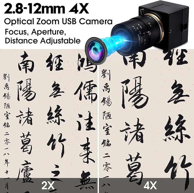 4K USB Camera 2.8-12mm 4X Varifocal Manual Lens 2160P Ultra HD USB Camera UVC Compliant Close-up Webcam Support OpenCV USB Computer Webcam for Conference Calling Live Streaming