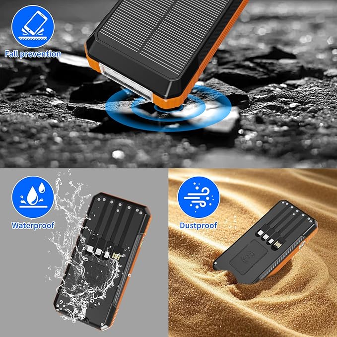Solar Charger Power Bank 49800mAh, Portable Phone wireless Charging Built-in 4 Cables 22.5W Fast Charging,Type-C input/Output Port Solar Panel Charger with Flashlights&Compass for Camping（Orange)