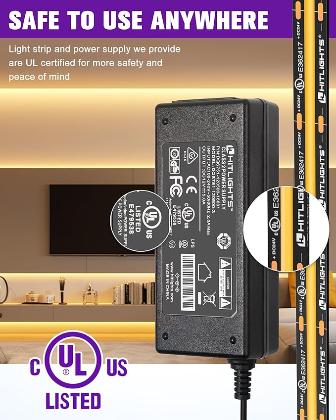 HitLights COB LED Strip Lights Kit Warm White with Remote & 12V Power Supply,16.4ft Dimmable Tape Light 3000K, 2400LEDs, 305+Lm/ft, UL Listed, Flexible Rope Lights for Bedroom Kitchen Cabinet Lighting