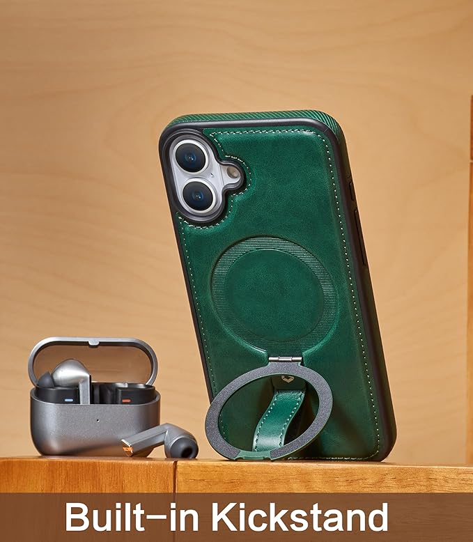 Butaiga for iPhone 17 Leather Case with Stand, Anti-Slip Grip Ring, Fits for MagSafe (Green, iPhone 17)