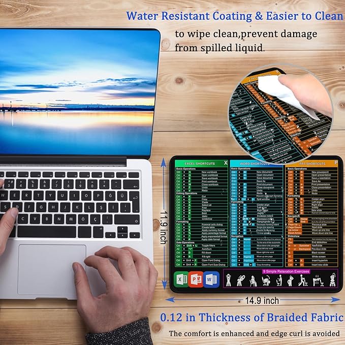 Excel Shortcuts Mouse Pad, Large Mouse Pad with Double Stitched Edges, 14.9 x 11.7 inches Premium-Textured & Waterproof Mousepad, Nonslip Natural Rubber Base Mousepad for Laptop,Computer, Office