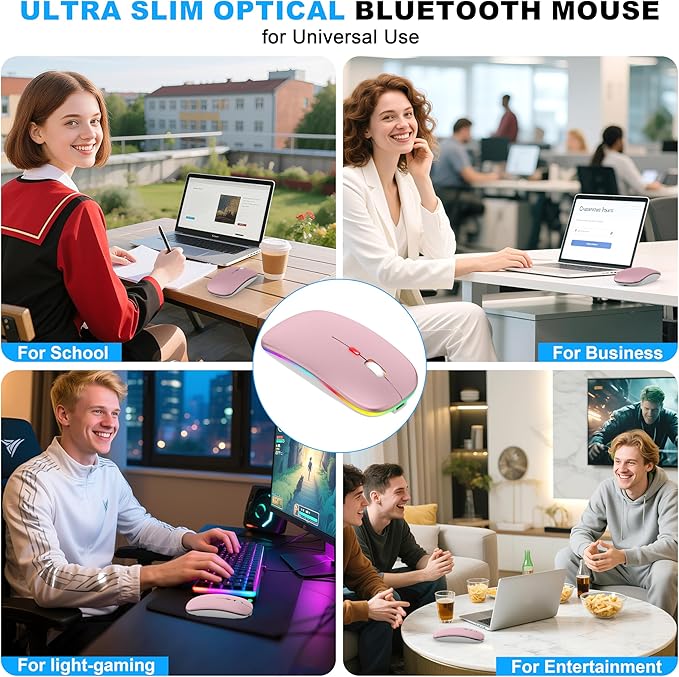 LED Bluetooth Wireless Mouse for MacBook Air Mac Pro Laptop iPad –Rechargeable Silent Light-Up Optical Mouse with Jiggler Dual Mode BT5.2 & USB-A/USB-C for Students, Kids, Girls, Boys – Rose Gold