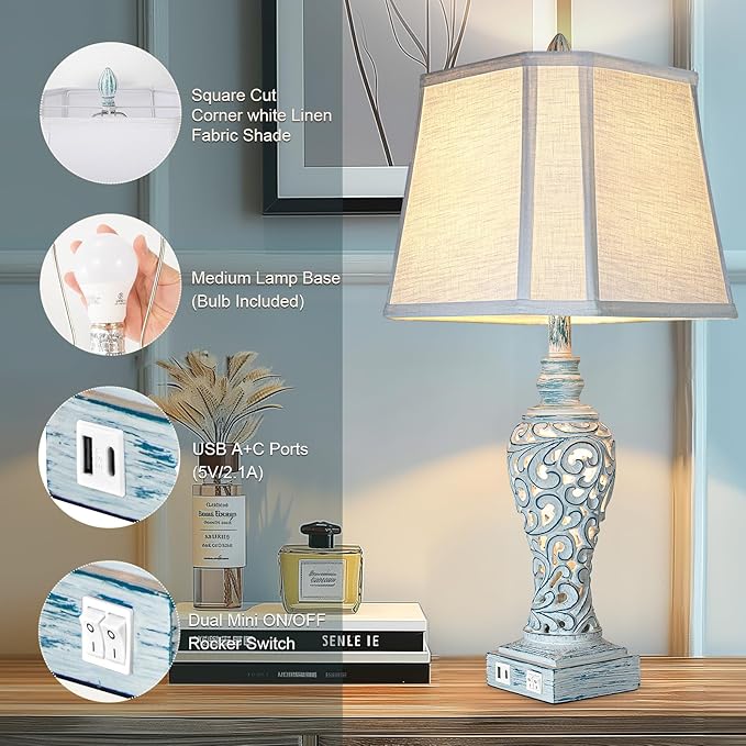 Table Lamp Bedside Lamps Set of 2, 28.5'' Luxsight Farmhouse Table Lamps for Bedroom, Lamps for Nightstands with Night Lights, with USB C+A Ports, Rustic Lamp for Living Room, Bulb Included
