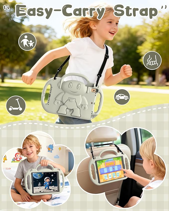 Kids Case for iPad 5th/6th Generation (9.7 inch, 2017/2018) & iPad Air 1/2 9.7" & Pro 9.7, Durable Shockproof Lightweight Kids Cover with Shoulder Strap/Handle/Kickstand, Light Grey