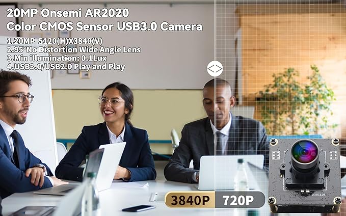 20MP USB Camera 4K 30fps USB3.0 Type-C Webcam,3840P High Resolution Camera with 95° Wide Angle No Distortion Lens, Plug & Play for Windows Linux Mac PC Jetson Nano Industrial Machine Vision
