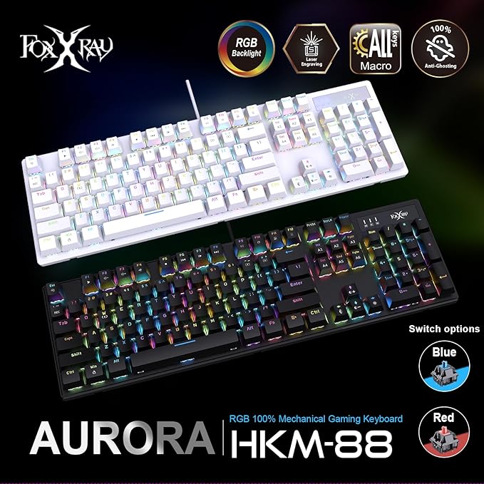 FOXXRAY HKM-88 Full-Size Mechanical Gaming Keyboard, Customizable Keys with Macro Support, RGB Backlit, Equipped with Outemu Red Switches, USB Plug and Play for PC
