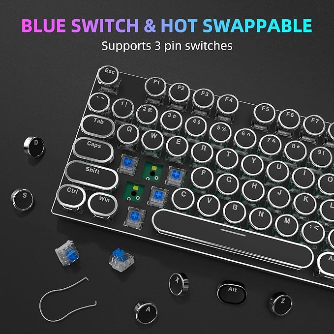 K968 Retro Typewriter Mechanical Gaming Keyboard - RGB Backlit Wired with Blue Switches, Media Control Knob for PC